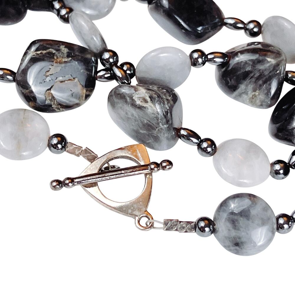 VTG Agate Hematite Necklace Y2K Polished Stone Chunky Beaded Toggle Clasp